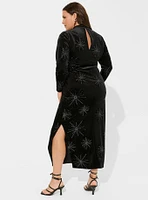 Maxi Beaded Embroidery Velvet Mock Neck Dress