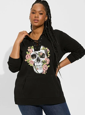 Skull Classic Fit Cozy Fleece Lace Up Side Slit Hoodie