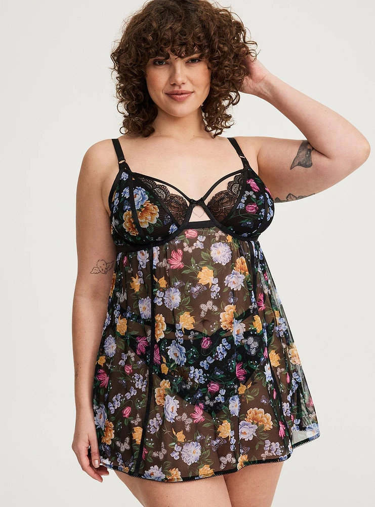 Printed Mesh Underwire Babydoll