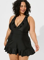 Wireless Ruffle Trimmed A Line Swim Dress With Brief