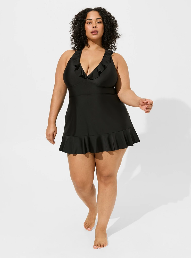 Wireless Ruffle Trimmed A Line Swim Dress With Brief