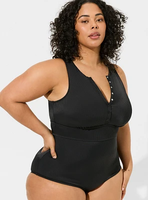 Wireless Henley Ribbed High Neck One Piece Swimsuit