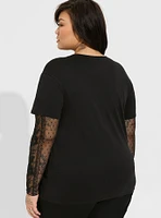 Lips Two-For Cotton Jersey Lace Sleeve Tee