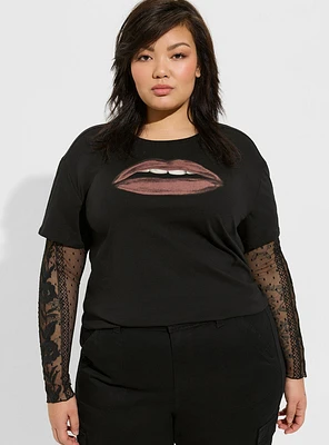 Lips Two-For Cotton Jersey Lace Sleeve Tee