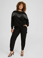 Drop Shoulder Rhinestone Fringe Sweatshirt