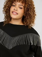 Drop Shoulder Rhinestone Fringe Sweatshirt