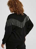 Drop Shoulder Rhinestone Fringe Sweatshirt