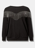 Drop Shoulder Rhinestone Fringe Sweatshirt