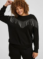 Drop Shoulder Rhinestone Fringe Sweatshirt