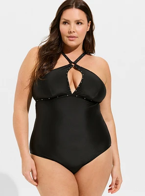 Wireless Halter Rhinestone One Piece Swimsuit