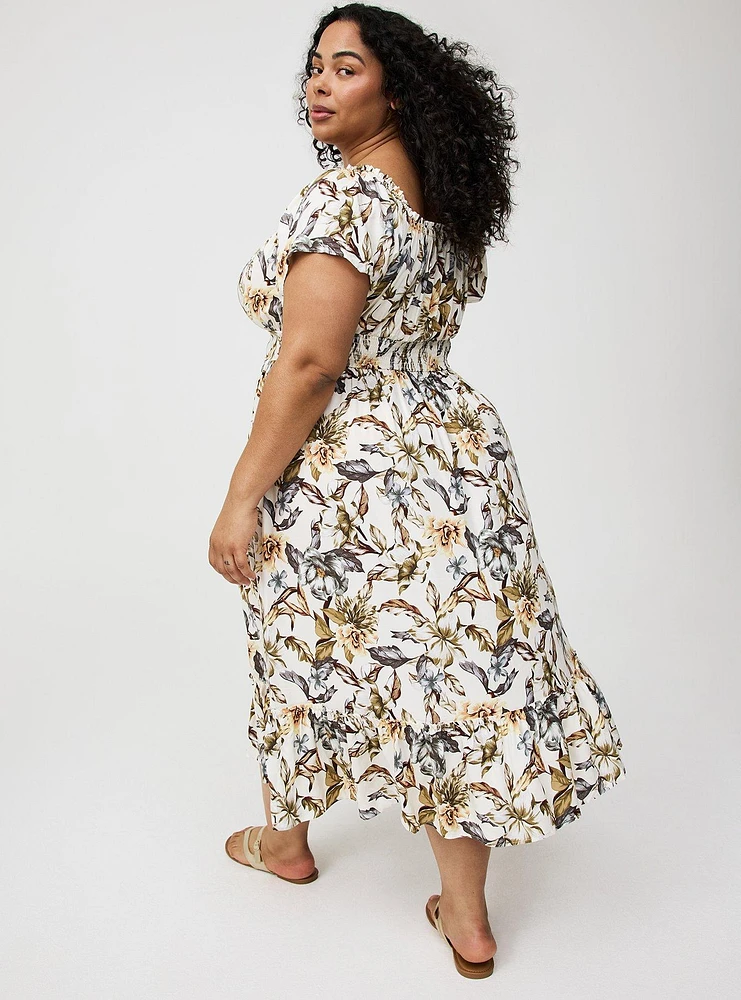 Washable Challis Off-Shoulder Tea Dress