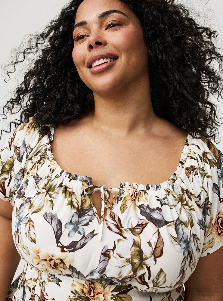 Washable Challis Off-Shoulder Tea Dress