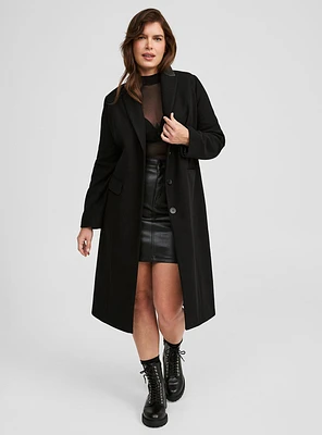 Wool Faux Leather Collar Longline Coat