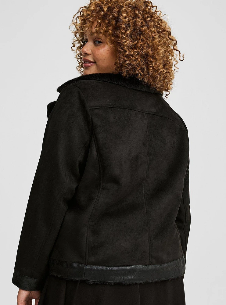 Faux Suede Fur-Lined Moto Jacket