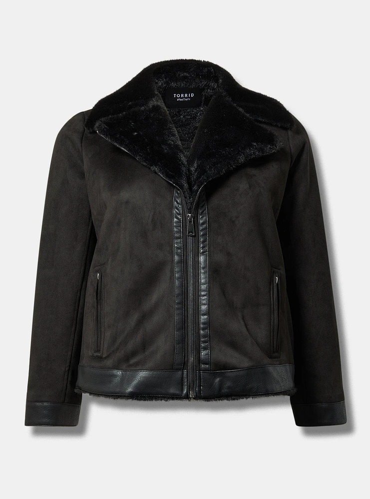 Faux Suede Fur-Lined Moto Jacket