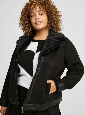 Faux Suede Fur-Lined Moto Jacket