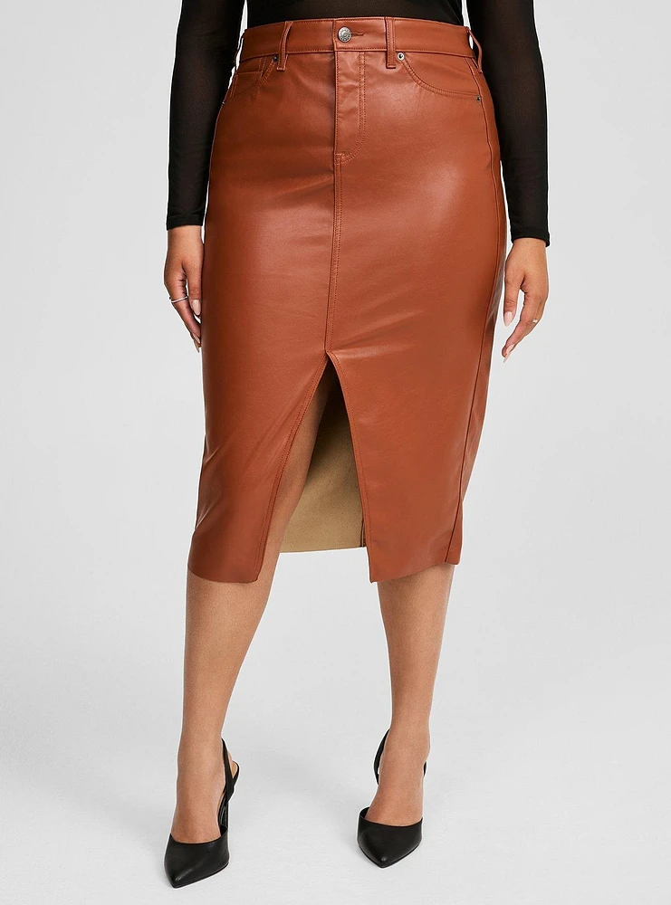 Midi Faux Leather Front Slit Skirt