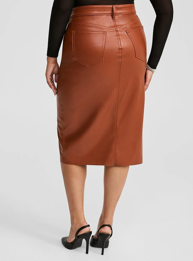 Midi Faux Leather Front Slit Skirt