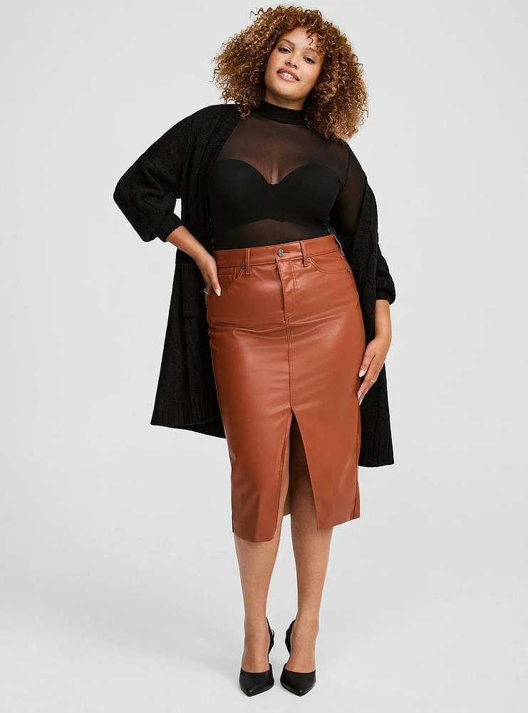 Midi Faux Leather Front Slit Skirt