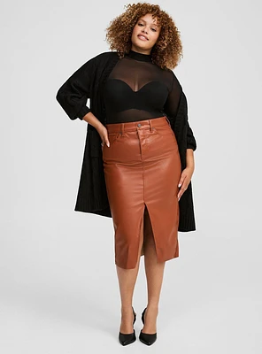 Midi Faux Leather Front Slit Skirt