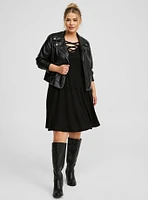 Mini Waffle Long Sleeve Lace Up Neck Fit N Flare Dress