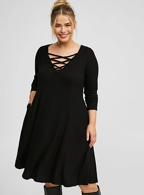 Mini Waffle Long Sleeve Lace Up Neck Fit N Flare Dress