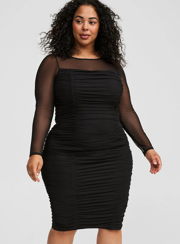 Midi Soft Mesh Long Sleeve Bodycon Slip Dress