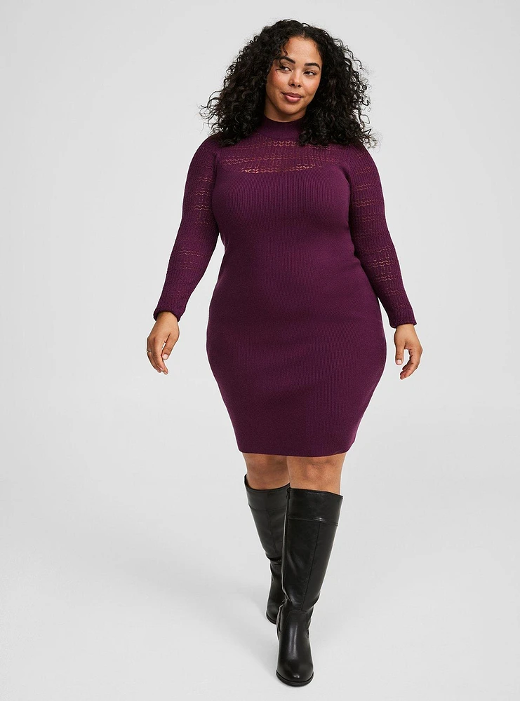 Mini Long Sleeve Rib Pointelle Mock Neck Sweater Dress