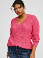 Waffle Drop Shoulder V-Neck Pullover Sweater