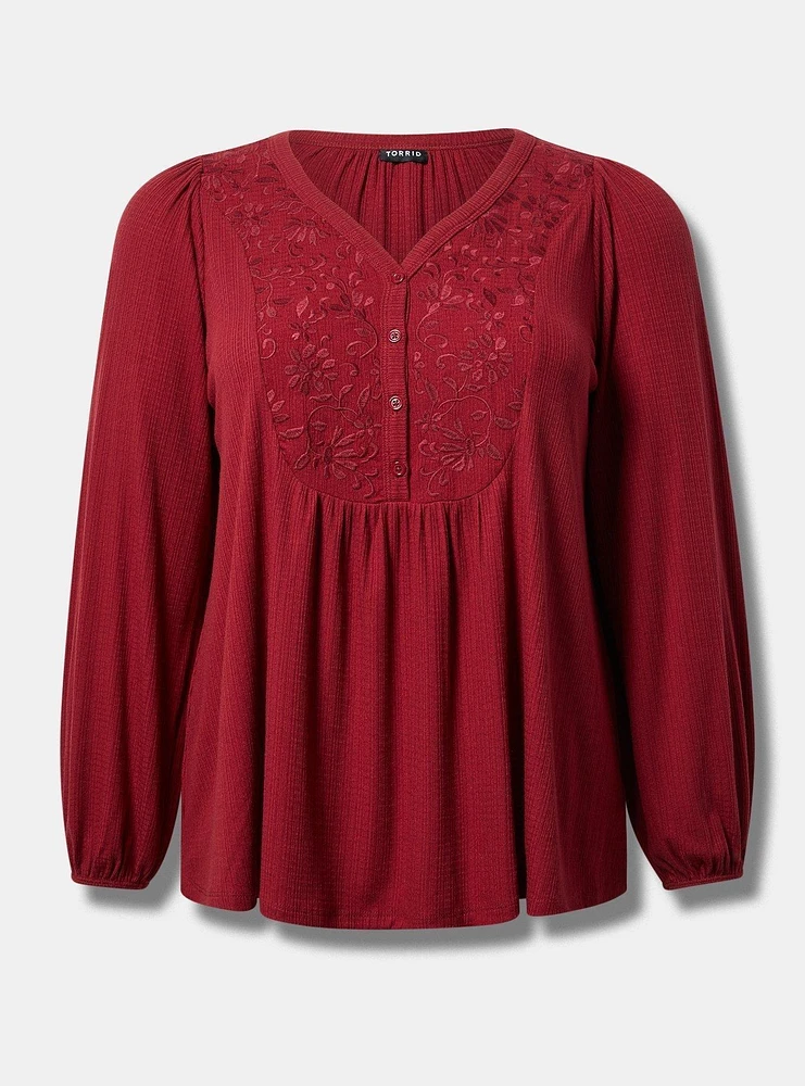 Textured Jersey V Neck Embroidered Long Sleeve Top