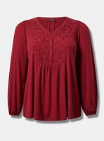 Textured Jersey V Neck Embroidered Long Sleeve Top