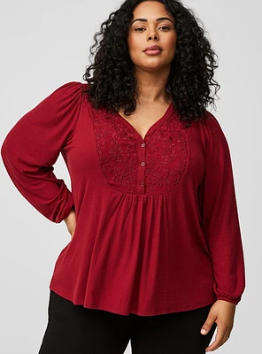 Textured Jersey V Neck Embroidered Long Sleeve Top