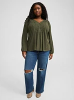 Textured Jersey V Neck Embroidered Long Sleeve Top