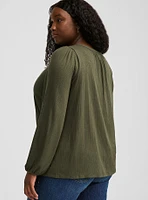 Textured Jersey V Neck Embroidered Long Sleeve Top