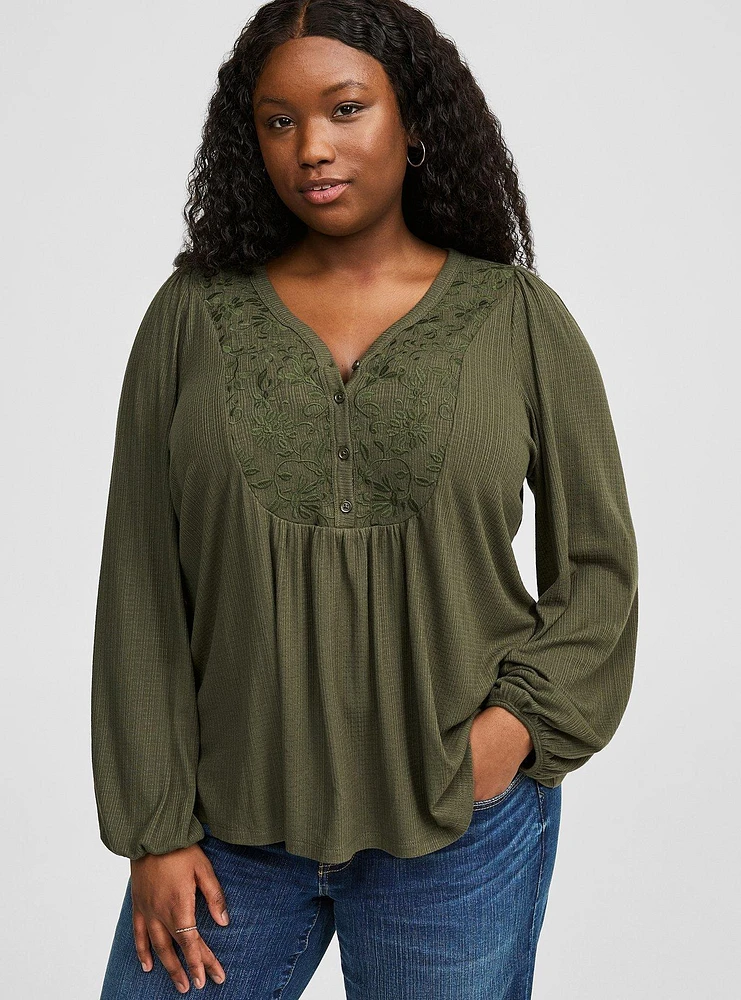 Textured Jersey V Neck Embroidered Long Sleeve Top