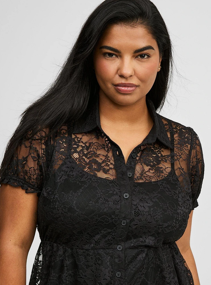 Lace High Low Button Up Top