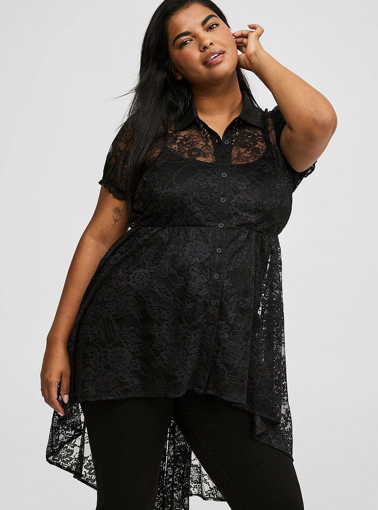 Lace High Low Button Up Top