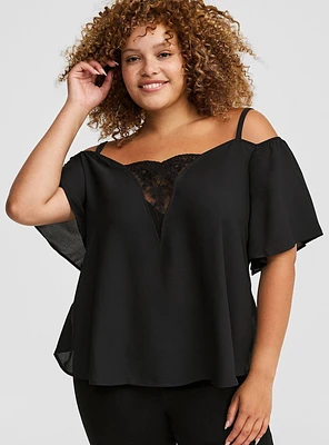 Georgette Lace Cold Shoulder Flutter Sleeve Top