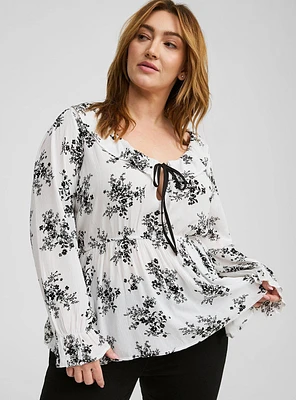 Gauze Long Sleeve Ruffle Trim Top