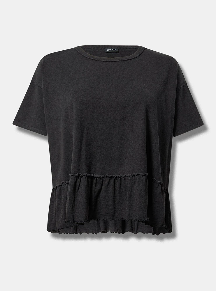 French Terry Crew Neck Raw Edge Ruffle Sweatshirt Tee