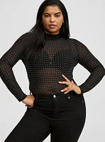 Mesh Mock Neck Rhinestone Top