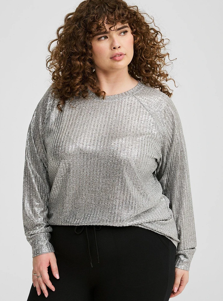 Supersoft Plush Foil Rib Crew Neck Top