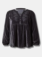 Velvet Embroidered Long Sleeve Blouse