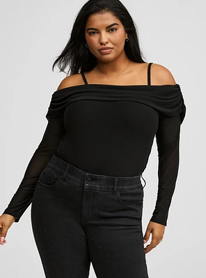 Mesh Off Shoulder Side Cinch Top