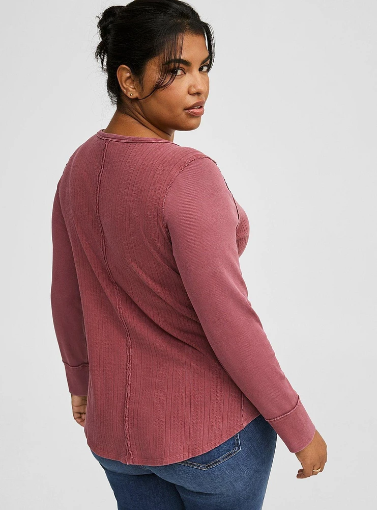 Pointelle V-Neck Henley Long Sleeve Top