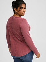 Pointelle V-Neck Henley Long Sleeve Top