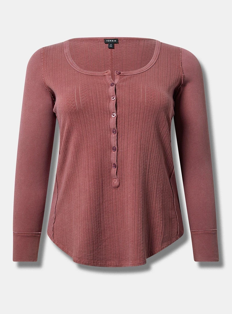 Pointelle V-Neck Henley Long Sleeve Top