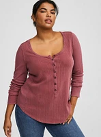 Pointelle V-Neck Henley Long Sleeve Top