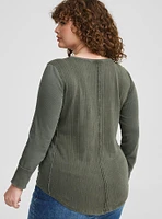 Pointelle V-Neck Henley Long Sleeve Top