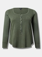 Pointelle V-Neck Henley Long Sleeve Top